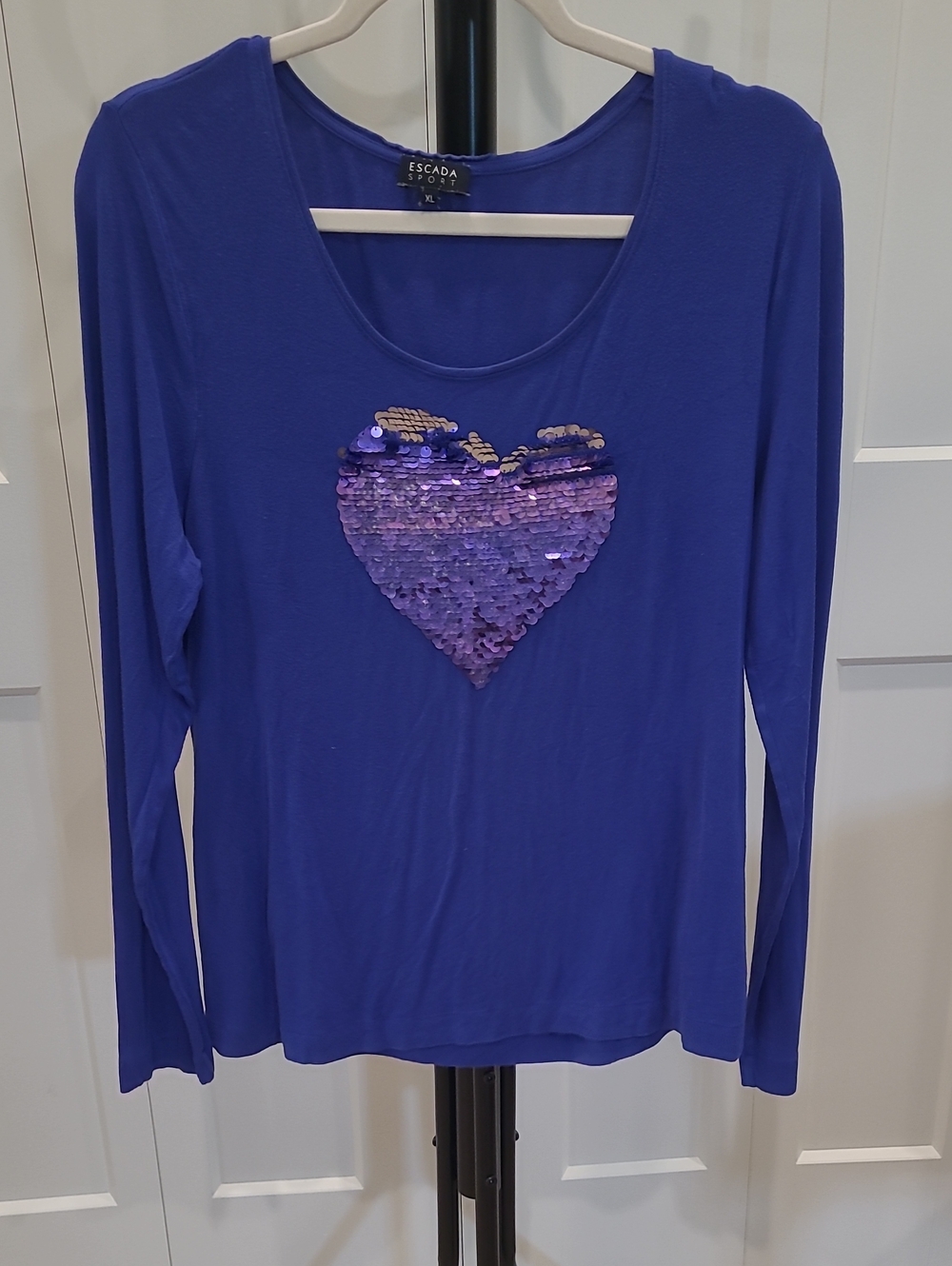 Escada Royal Blue Long-Sleeve Tee with Purple Sequin Heart